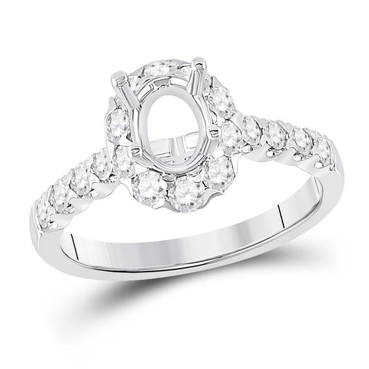 18k White Gold Round Diamond 1 Ct Oval Center Bridal Semi-Mount Ring 7/8 Ctw