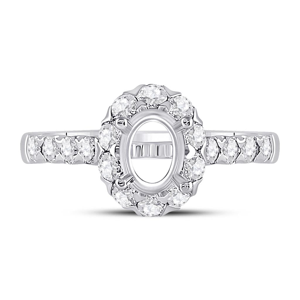 18k White Gold Round Diamond 1 Ct Oval Center Bridal Semi-Mount Ring 7/8 Ctw