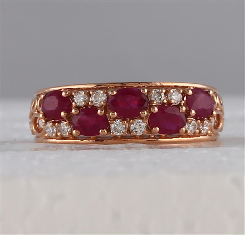 14k Rose Gold Oval Ruby Diamond Alternating Band Ring 1-1/5 Cttw