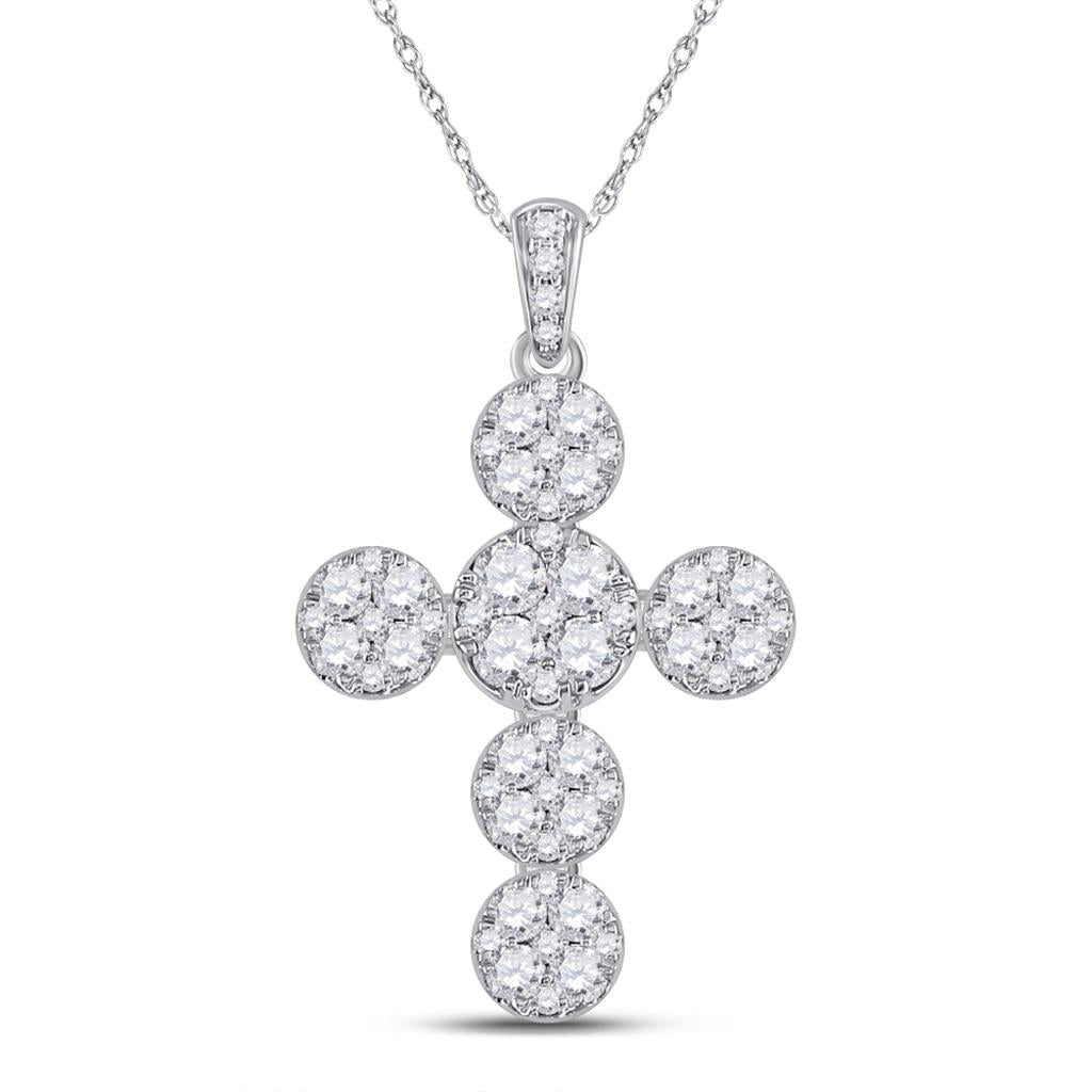 14k White Gold Round Diamond Cluster Cross Pendant 1-1/3 Cttw