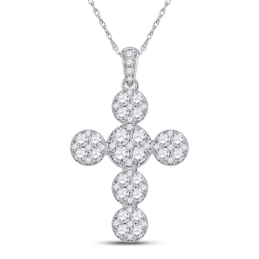 14k White Gold Round Diamond Cluster Cross Pendant 1-1/3 Cttw