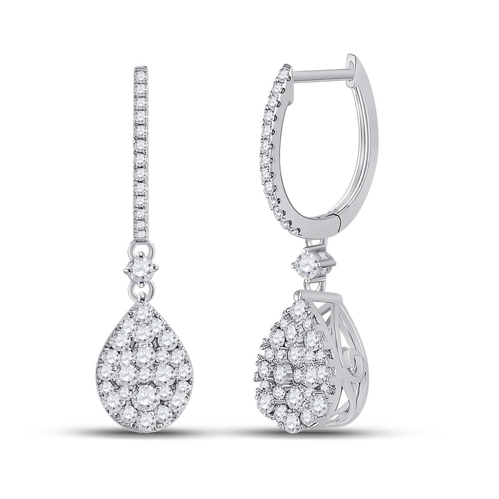 14k White Gold Round Diamond Hoop Teardrop Dangle Earrings 1 Cttw