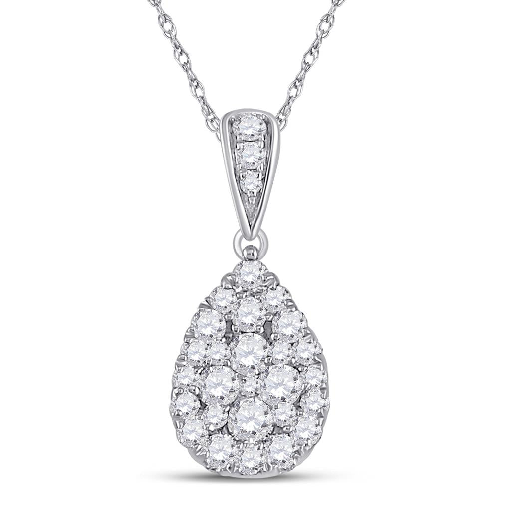 14k White Gold Round Diamond Teardrop Cluster Pendant 1/2 Cttw