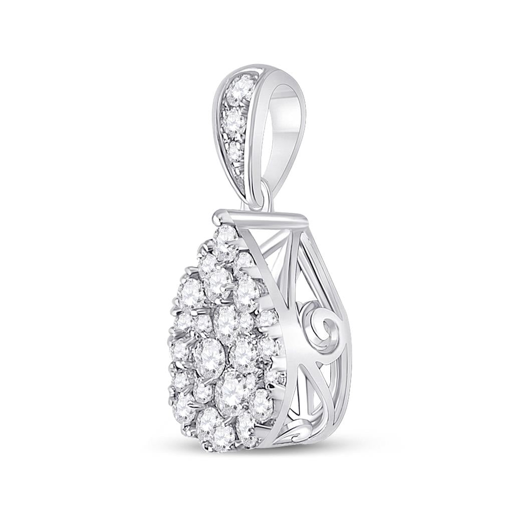 14k White Gold Round Diamond Teardrop Cluster Pendant 1/2 Cttw