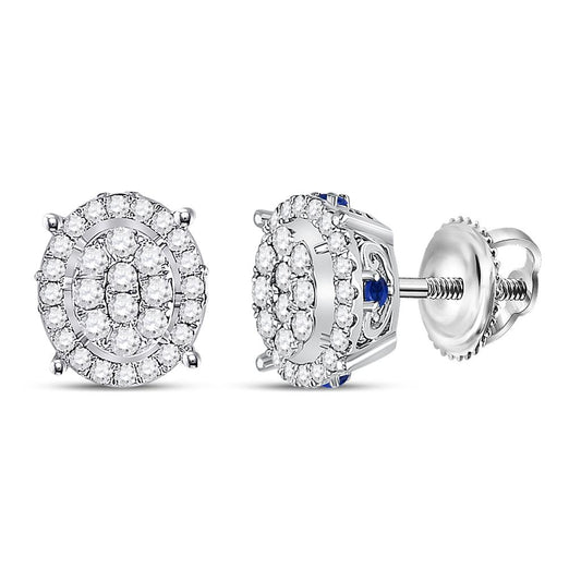 14k White Gold Round Diamond Blue Sapphire Oval Earrings 3/4 Cttw