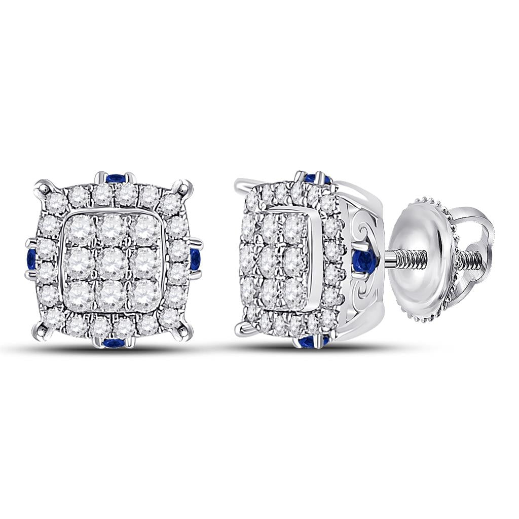 14k White Gold Round Diamond Blue Sapphire Square Earrings 3/4 Cttw