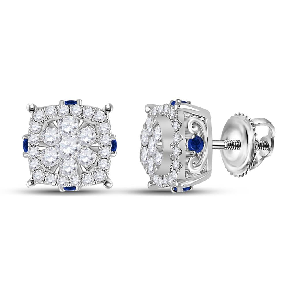 14k White Gold Round Diamond Blue Sapphire Cluster Earrings 5/8 Cttw