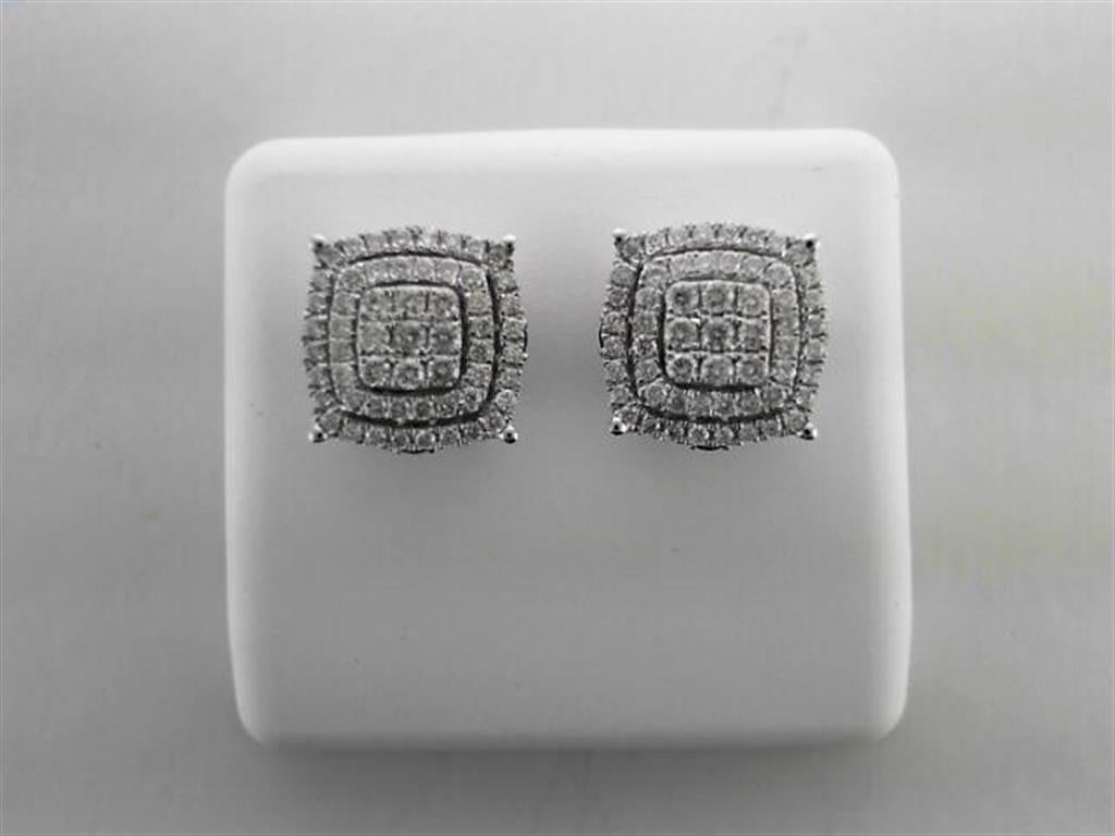 14k White Gold Round Diamond Blue Sapphire Square Earrings 7/8 Cttw