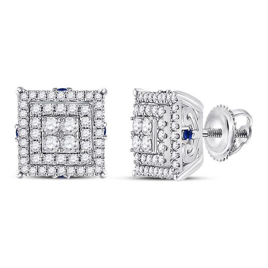 14k White Gold Round Diamond Blue Sapphire Square Earrings 1 Cttw