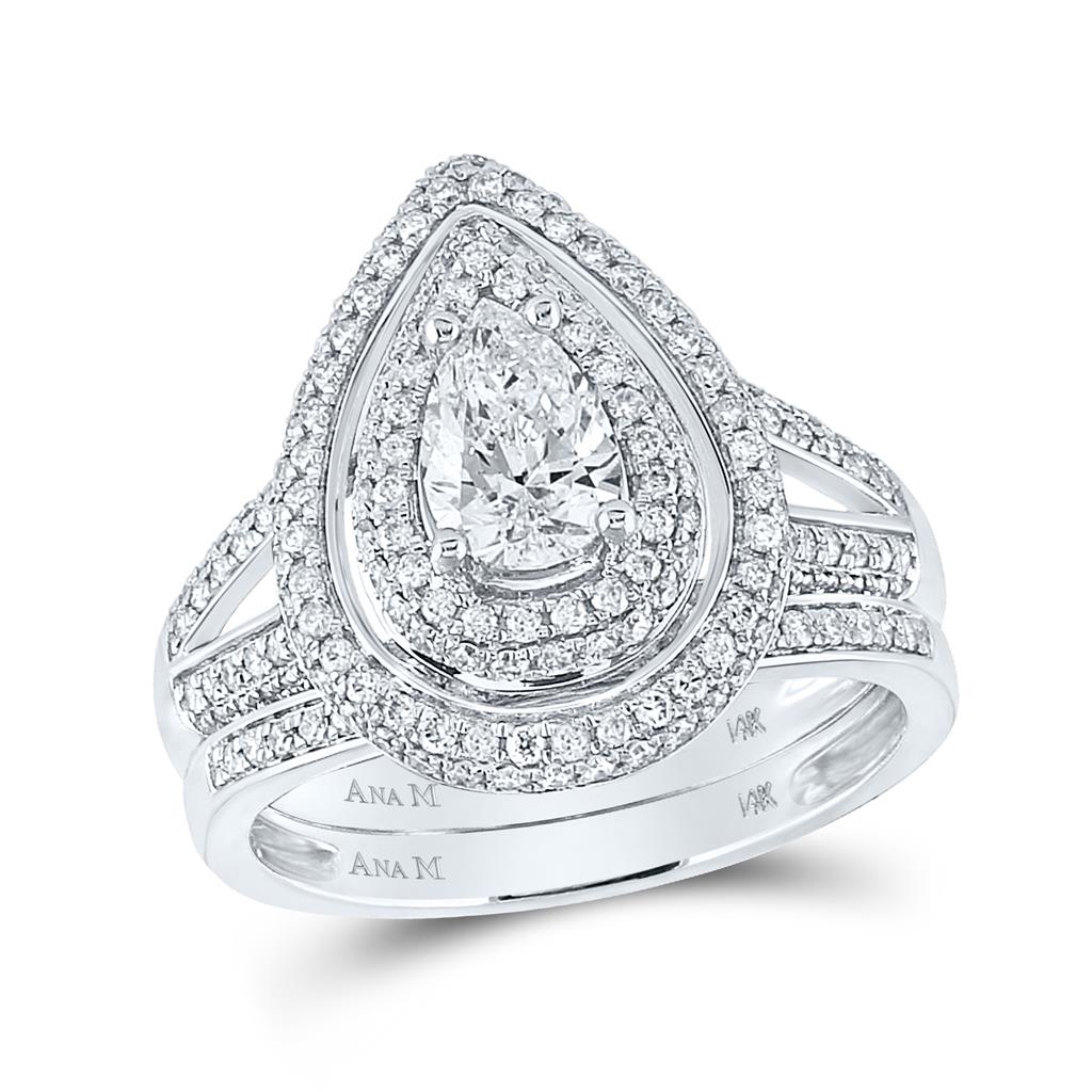 14k White Gold Pear Diamond Bridal Wedding Ring Set 1-1/2 Cttw (Certified)