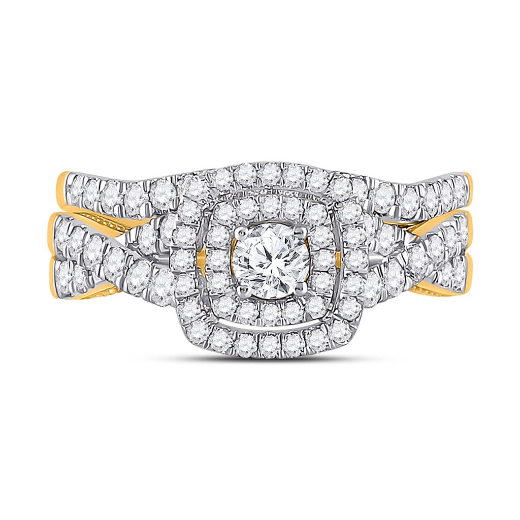 10k Yellow Gold Round Diamond Halo Bridal Wedding Ring Set 1 Cttw (Certified)