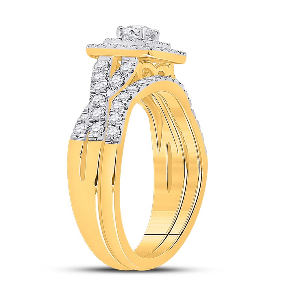 10k Yellow Gold Round Diamond Halo Bridal Wedding Ring Set 1 Cttw (Certified)