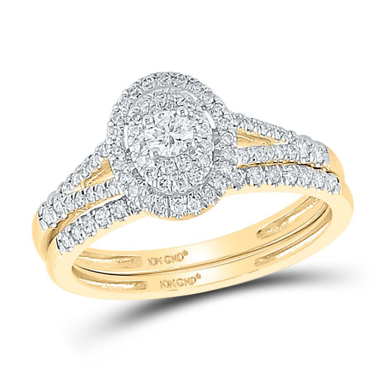 10k Yellow Gold Round Diamond Oval Bridal Wedding Ring Set 1/2 Cttw