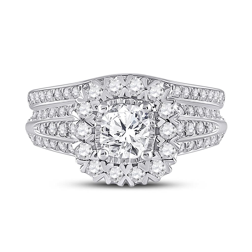 14k White Gold Cushion Diamond Bridal Wedding Ring Set 1-1/2 Cttw (Certified)