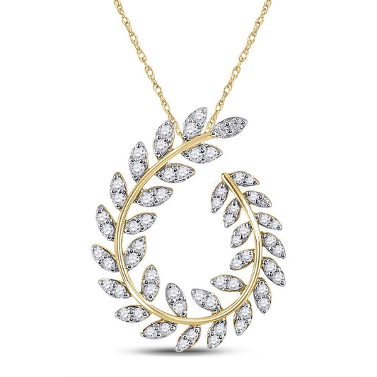 14k Yellow Gold Round Diamond Vine Leaf Teardrop Pendant 3/4 Cttw