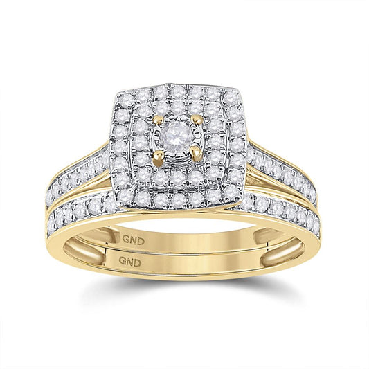 10k Yellow Gold Round Diamond Halo Bridal Wedding Ring Set 1/2 Cttw