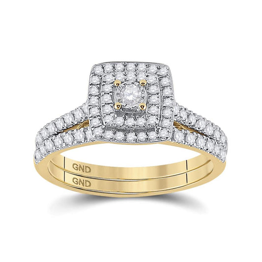 10k Yellow Gold Round Diamond Halo Bridal Wedding Ring Set 1/2 Cttw