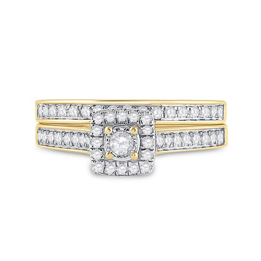 10k Yellow Gold Round Diamond Halo Bridal Wedding Ring Set 1/2 Cttw