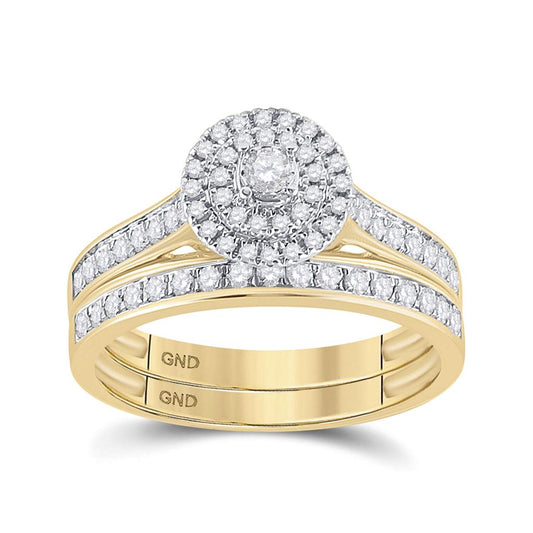 10k Yellow Gold Round Diamond Halo Bridal Wedding Ring Set 1/2 Cttw