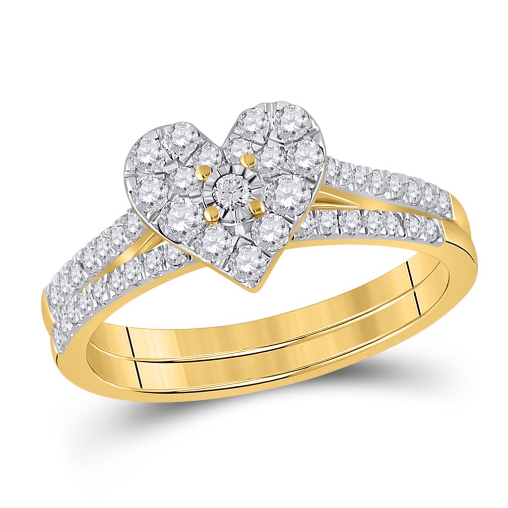 10k Yellow Gold Round Diamond Heart Bridal Wedding Ring Set 1/2 Cttw