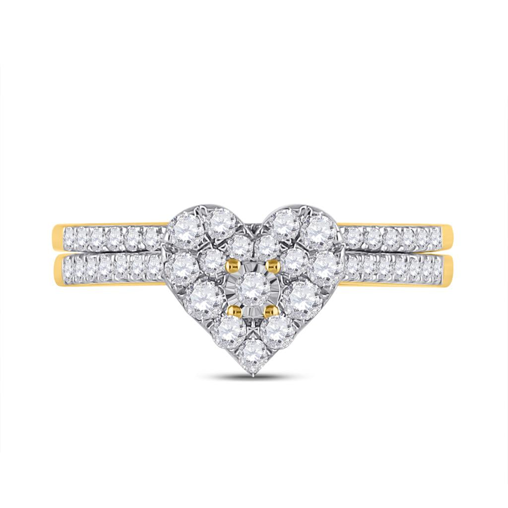 10k Yellow Gold Round Diamond Heart Bridal Wedding Ring Set 1/2 Cttw