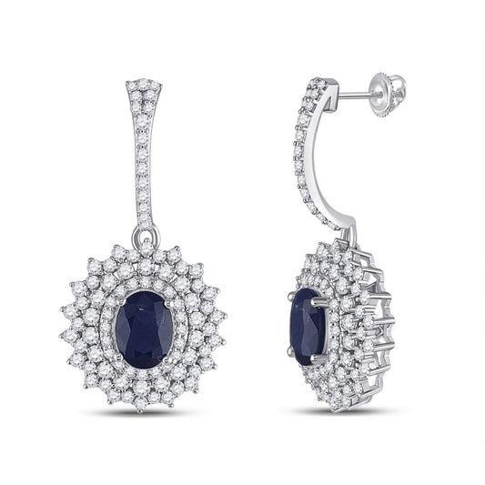 14k White Gold Oval Blue Sapphire Diamond Dangle Earrings 3 Cttw