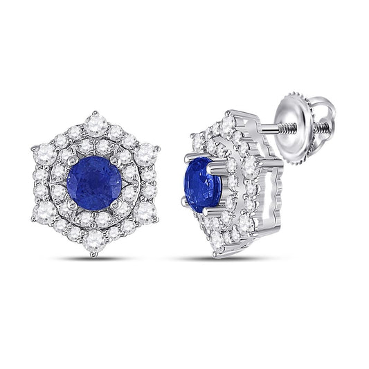 14k White Gold Round Blue Sapphire Diamond Halo Earrings 1-1/4 Cttw