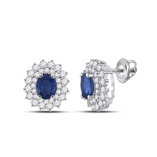 14k White Gold Oval Blue Sapphire Diamond Halo Earrings 1-3/8 Cttw