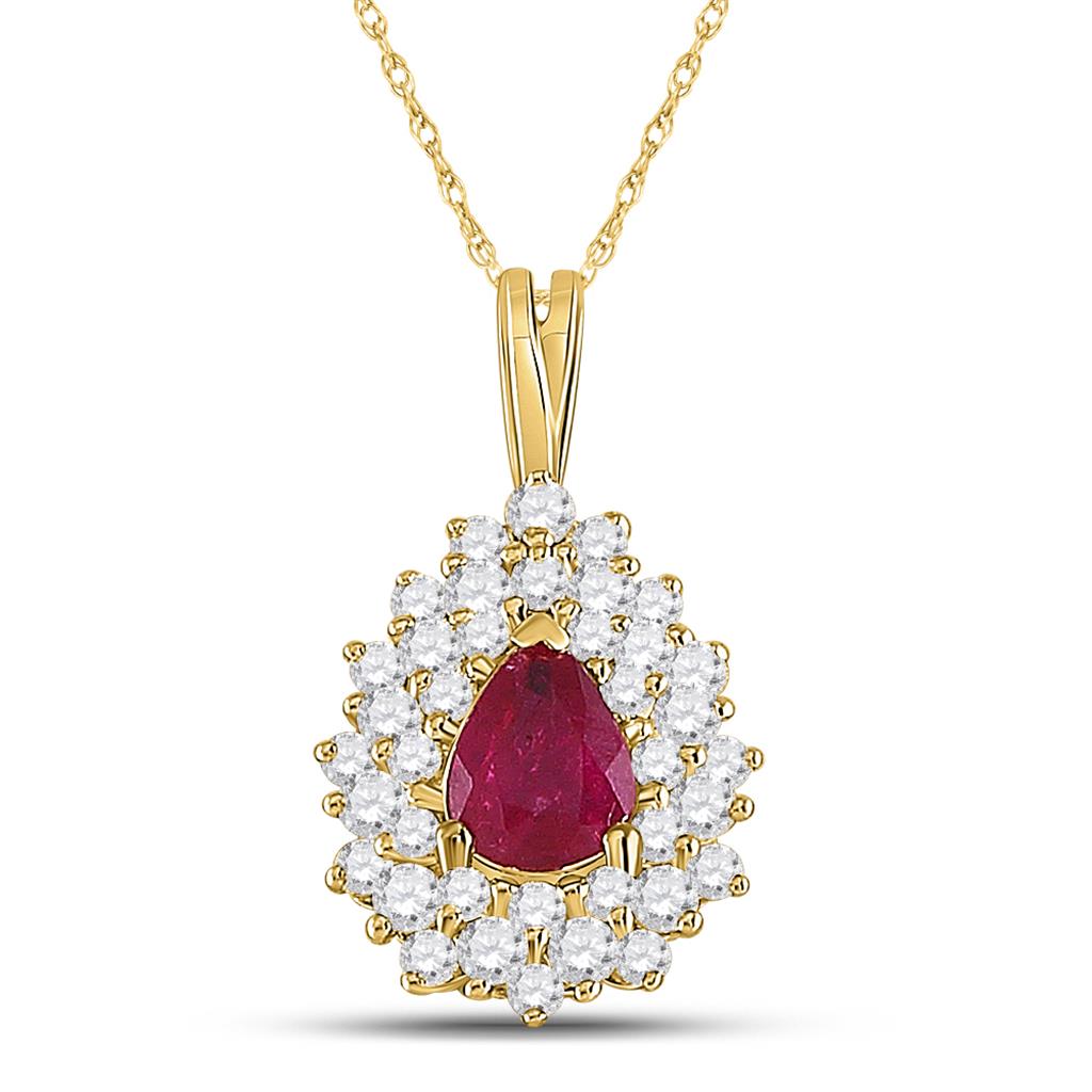 14k Yellow Gold Pear Ruby Diamond Solitaire Pendant 3/4 Cttw