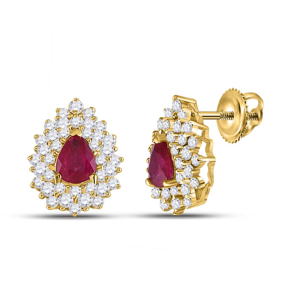 14k Yellow Gold Pear Ruby Diamond Cluster Earrings 1-1/2 Cttw