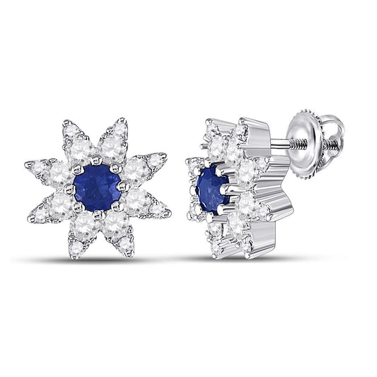 14k White Gold Round Blue Sapphire Diamond Halo Earrings 1/2 Cttw