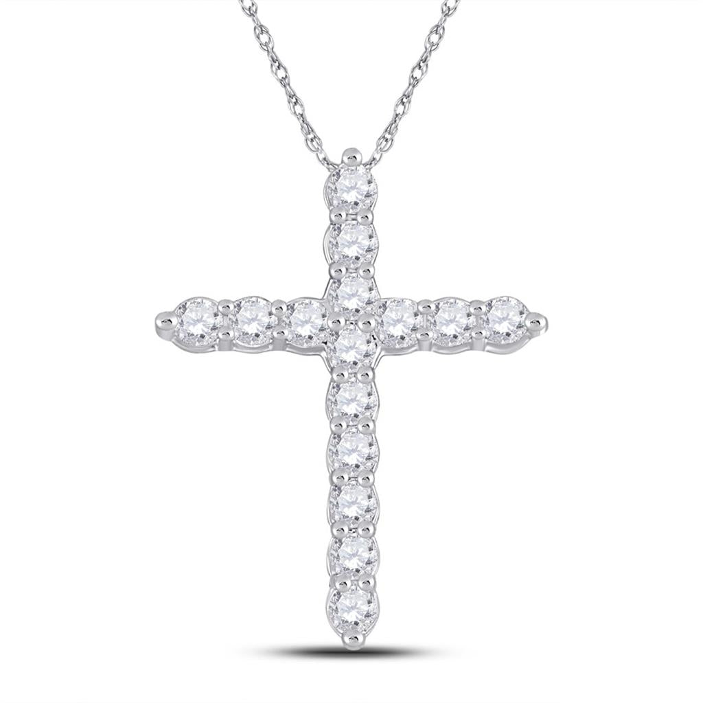 14k White Gold Round Diamond Cross Pendant 1/2 Cttw