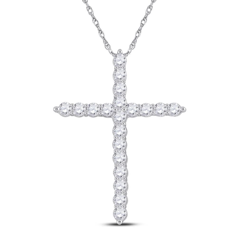 14k White Gold Round Diamond Cross Pendant 3/4 Cttw