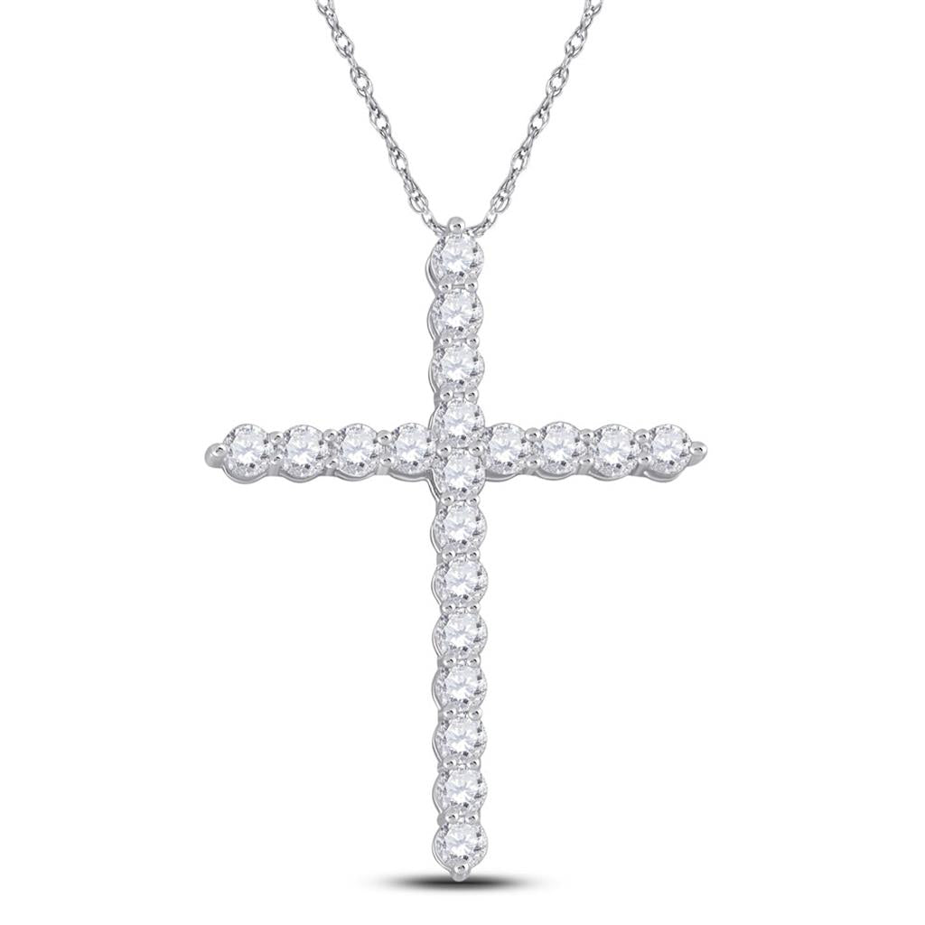 14k White Gold Round Diamond Cross Pendant 1-1/2 Cttw