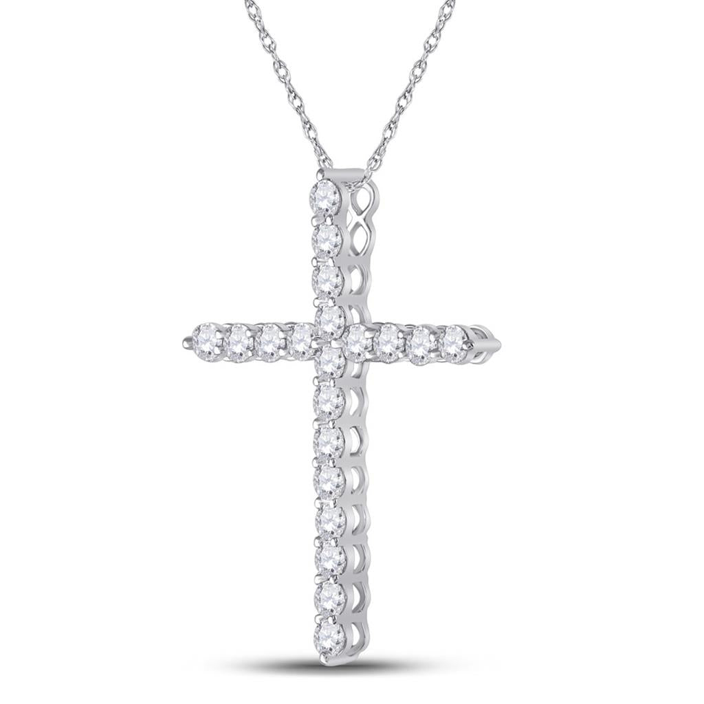 14k White Gold Round Diamond Cross Pendant 1-1/2 Cttw