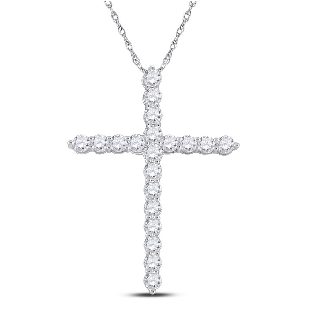 14k White Gold Round Diamond Cross Pendant 1 Cttw