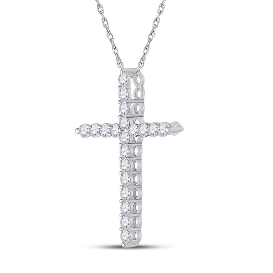 14k White Gold Round Diamond Cross Pendant 1 Cttw