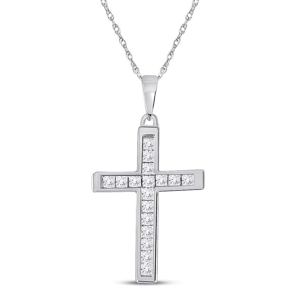 14k White Gold Princess Diamond Cross Pendant 1/3 Cttw