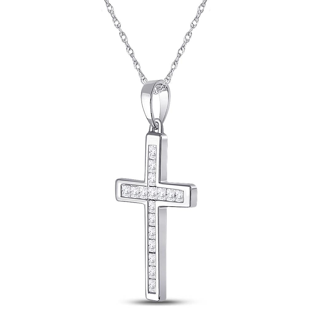 14k White Gold Princess Diamond Cross Pendant 1/3 Cttw