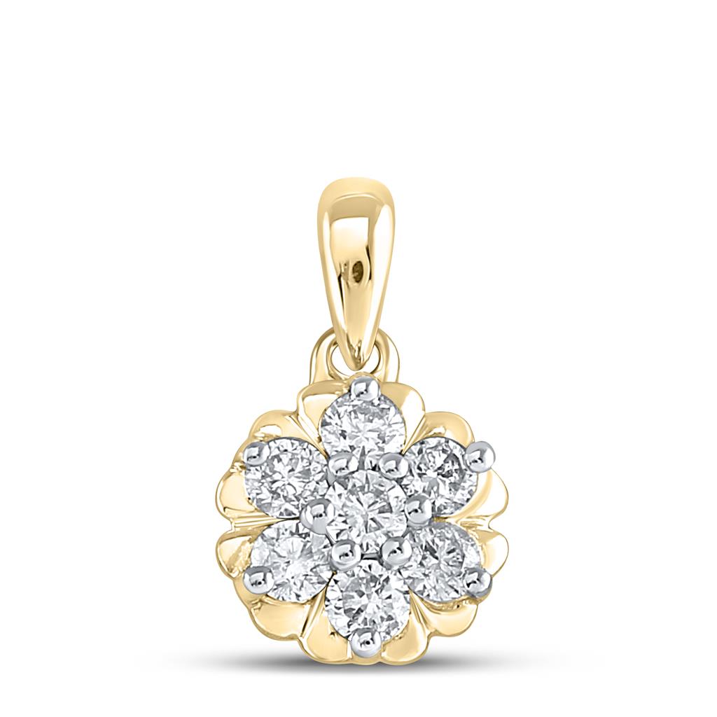 10k Yellow Gold Round Diamond Flower Cluster Pendant 1/3 Cttw