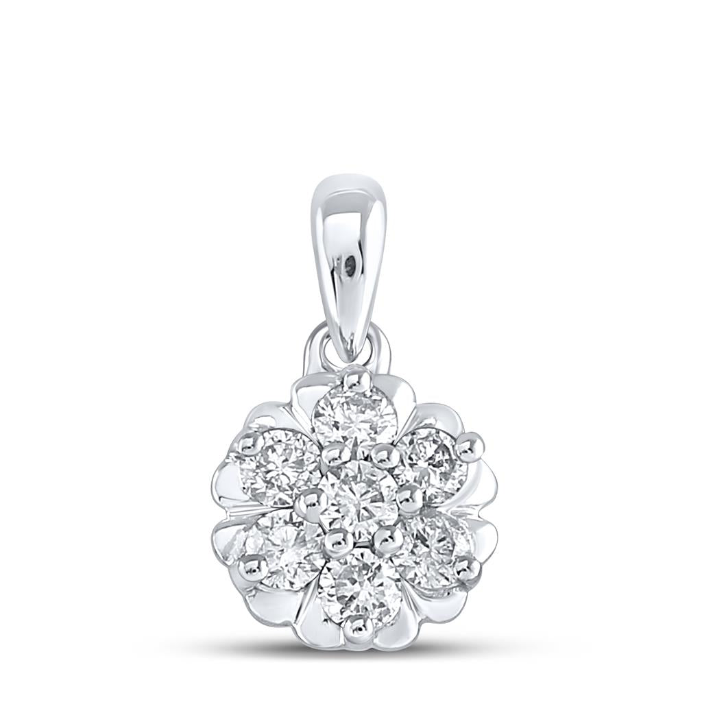 14k White Gold Round Diamond Flower Cluster Pendant 1/3 Cttw