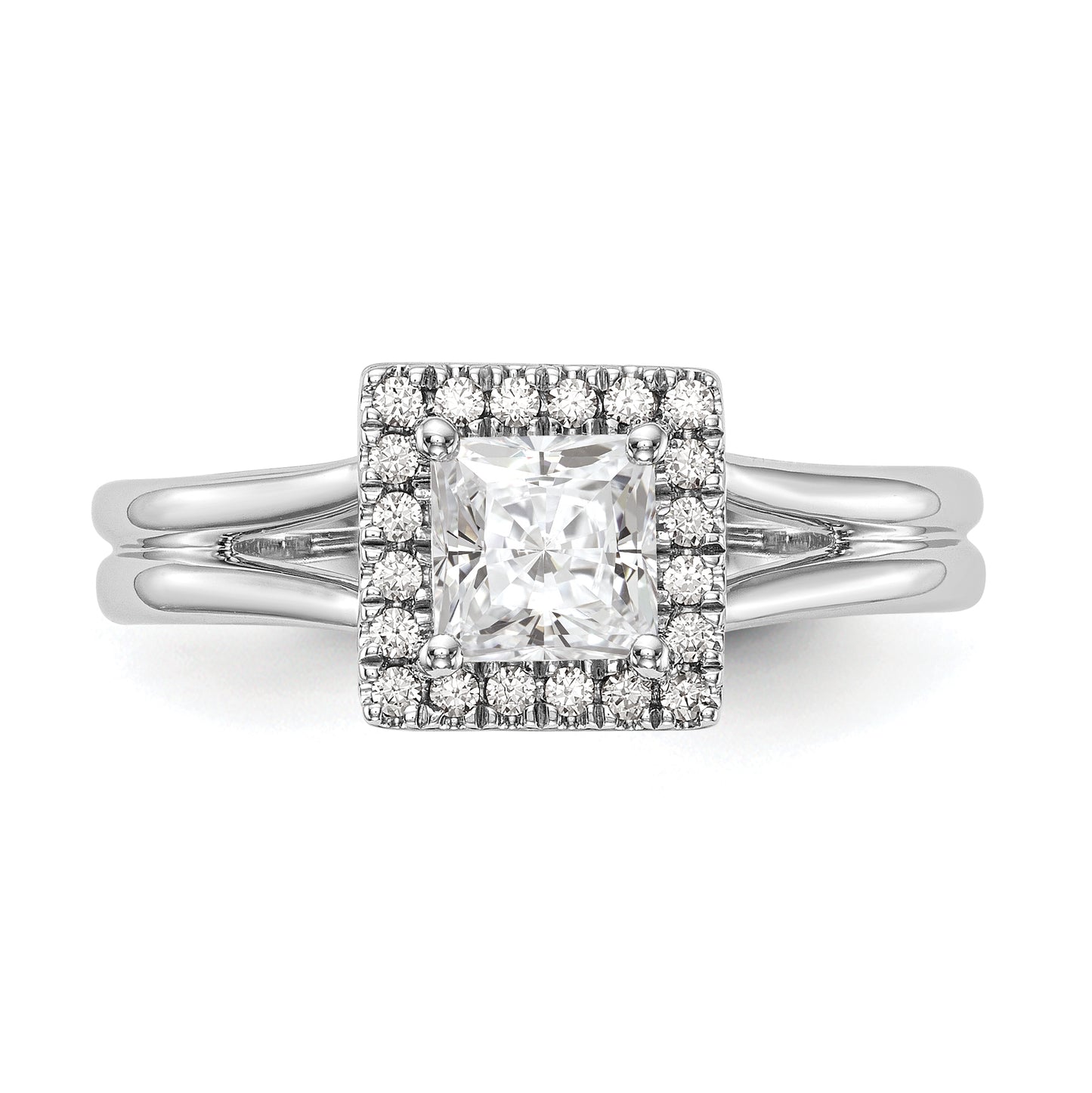 14kw Princess Halo Simulated Diamond Split Shank Engagement Ring