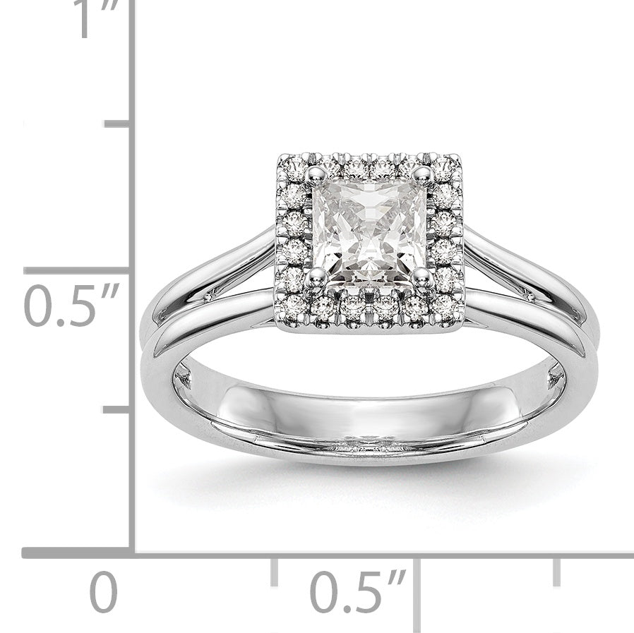 14kw Princess Halo Simulated Diamond Split Shank Engagement Ring