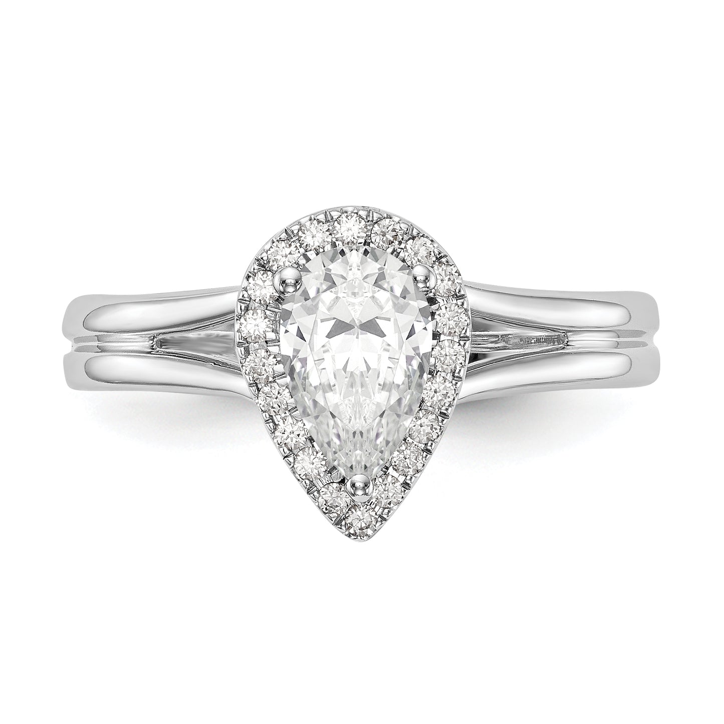 14kw Pear Halo Simulated Diamond Split Shank Engagement Ring