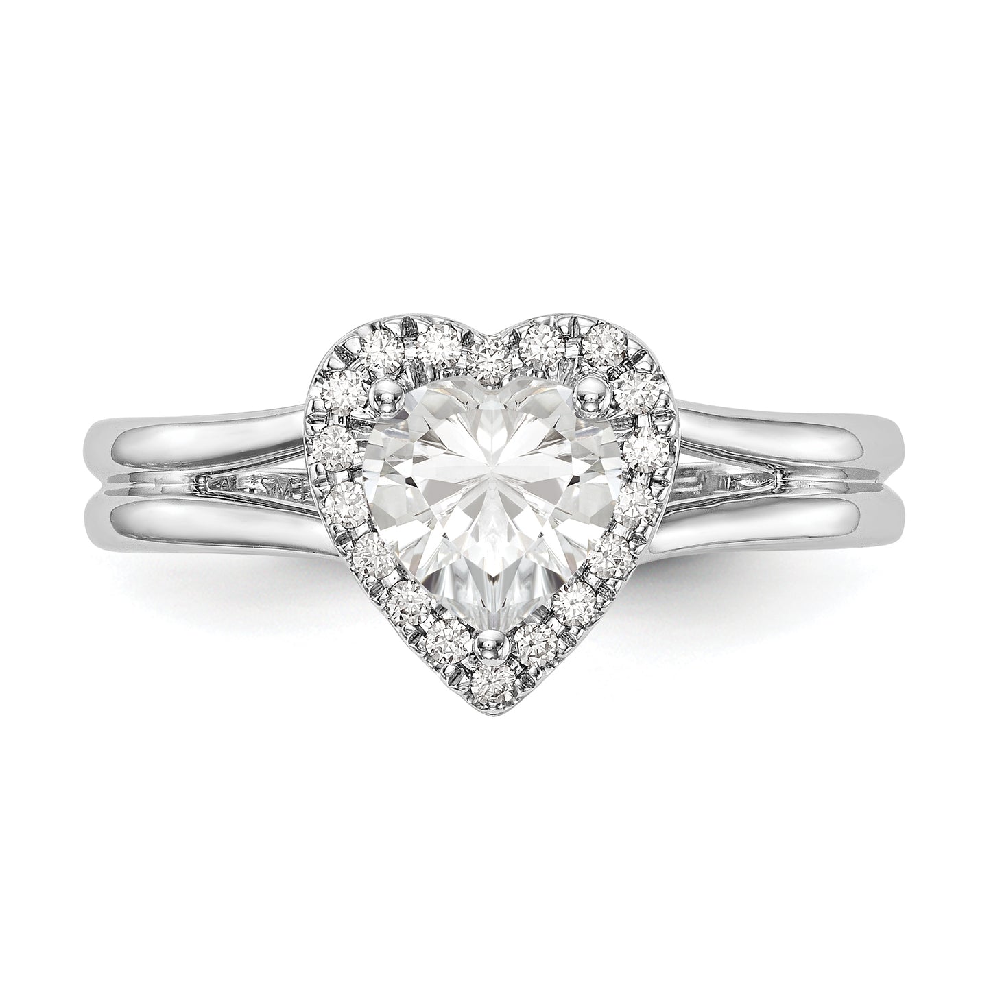 14kw Heart Halo Simulated Diamond Split Shank Engagement Ring