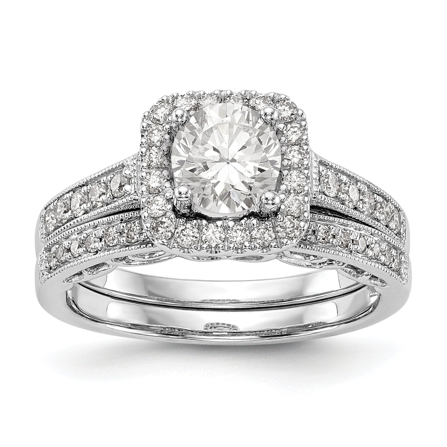 14K White Gold Round Simulated Diamond Cushion Halo Engagement Ring