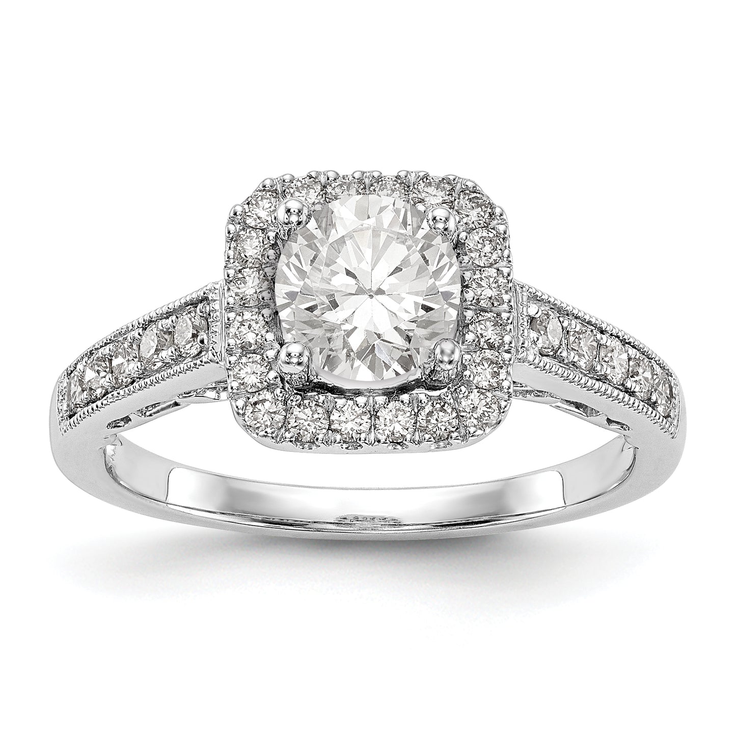 14K White Gold Round Simulated Diamond Cushion Halo Engagement Ring