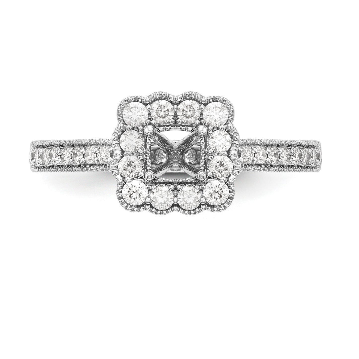 14K White Gold Peg Set Simulated Diamond Cushion Halo Engagement Ring