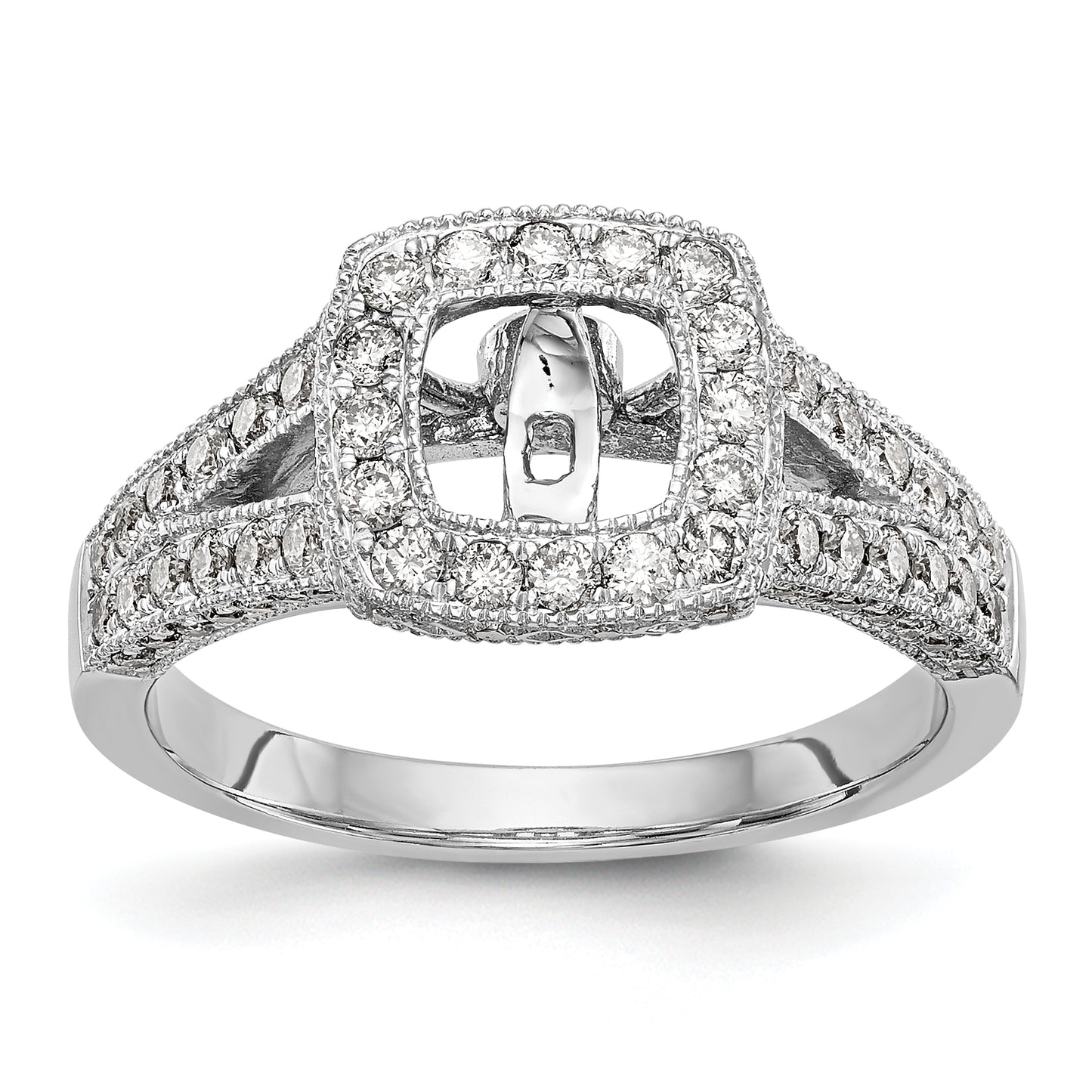 14K White Gold Peg Set Simulated Diamond Cushion HaloEngagement Ring