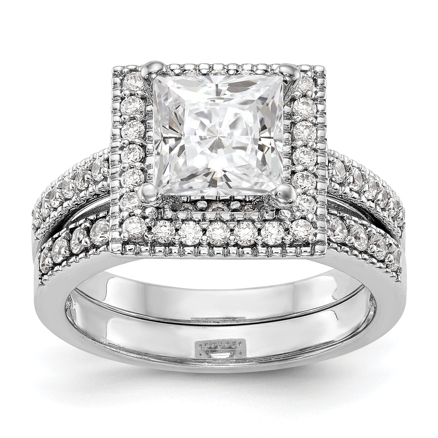 14K White Gold Diamond Princess CZ Square Halo Engagement Ring